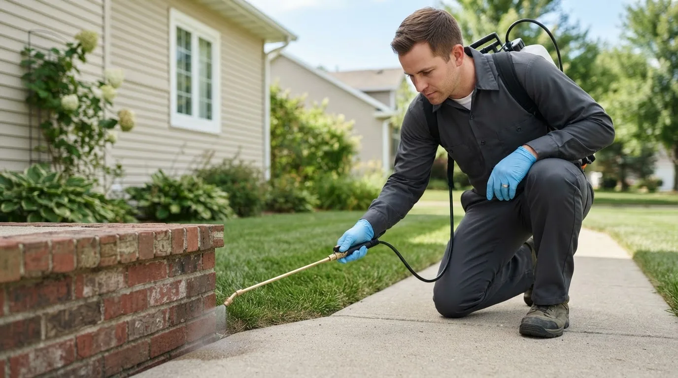 Pest control technician treating a home near D Hanis, TX