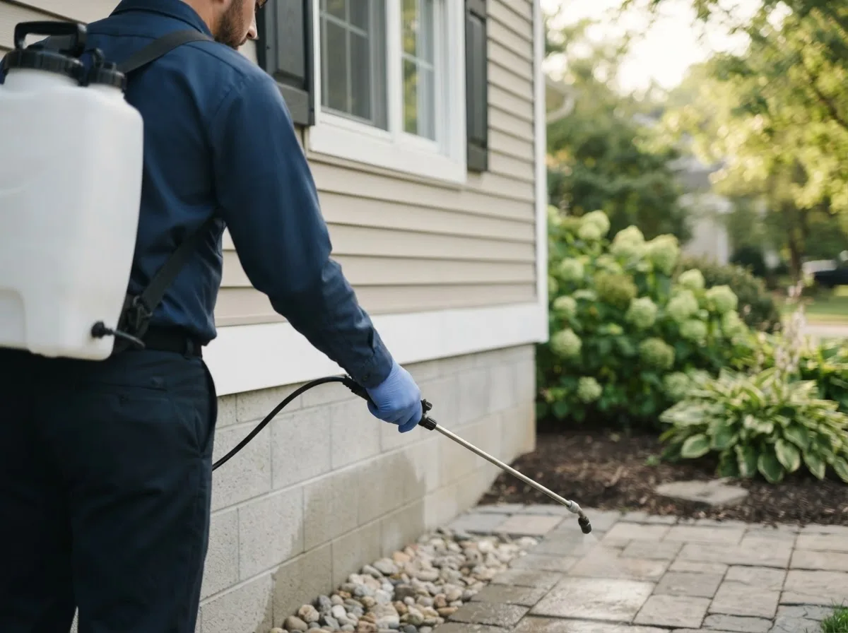 Pest control technician inspecting a home in D Hanis, TX